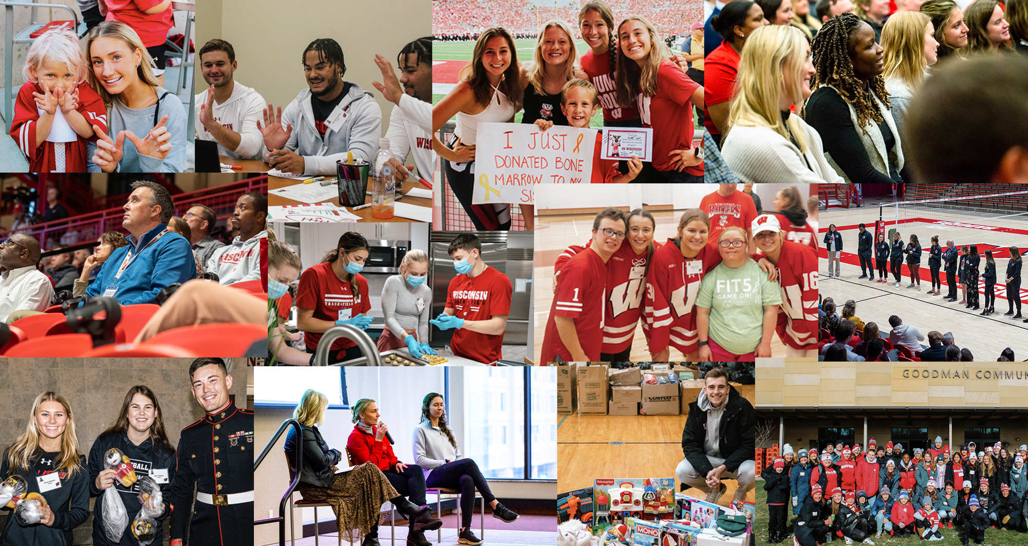 A collage of sudent athletes, badger fans, and volunteers participating in community events